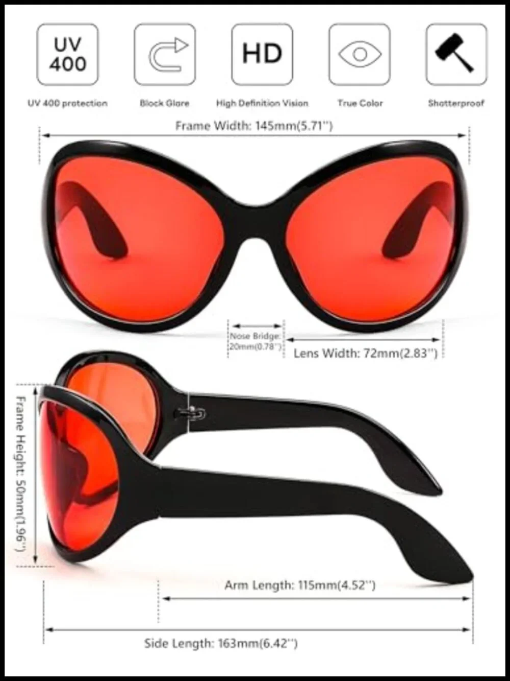 Oversized Wrap Around Sunglasses UV400 Protection Unisex Oval Frame